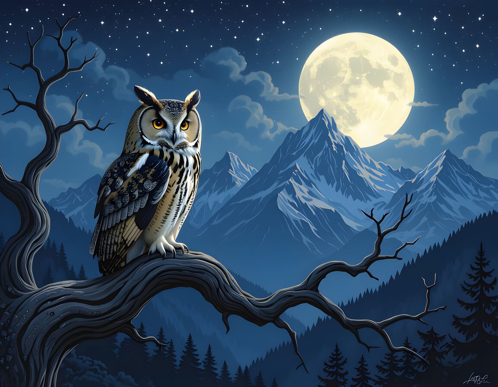 Nocturnal Owl on Branch Under Moonlight