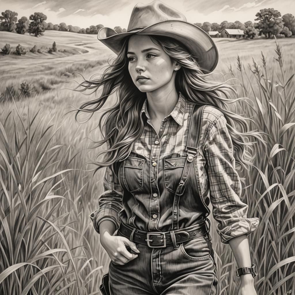 Cowgirl in Pencil Drawing with Fine Details