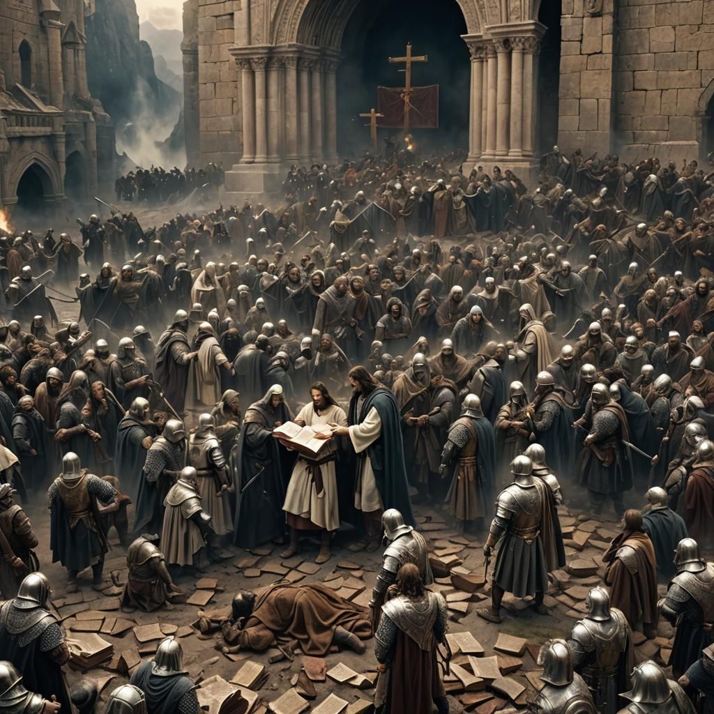 Jesus Helps Fallen Knights: Epic Digital Painting