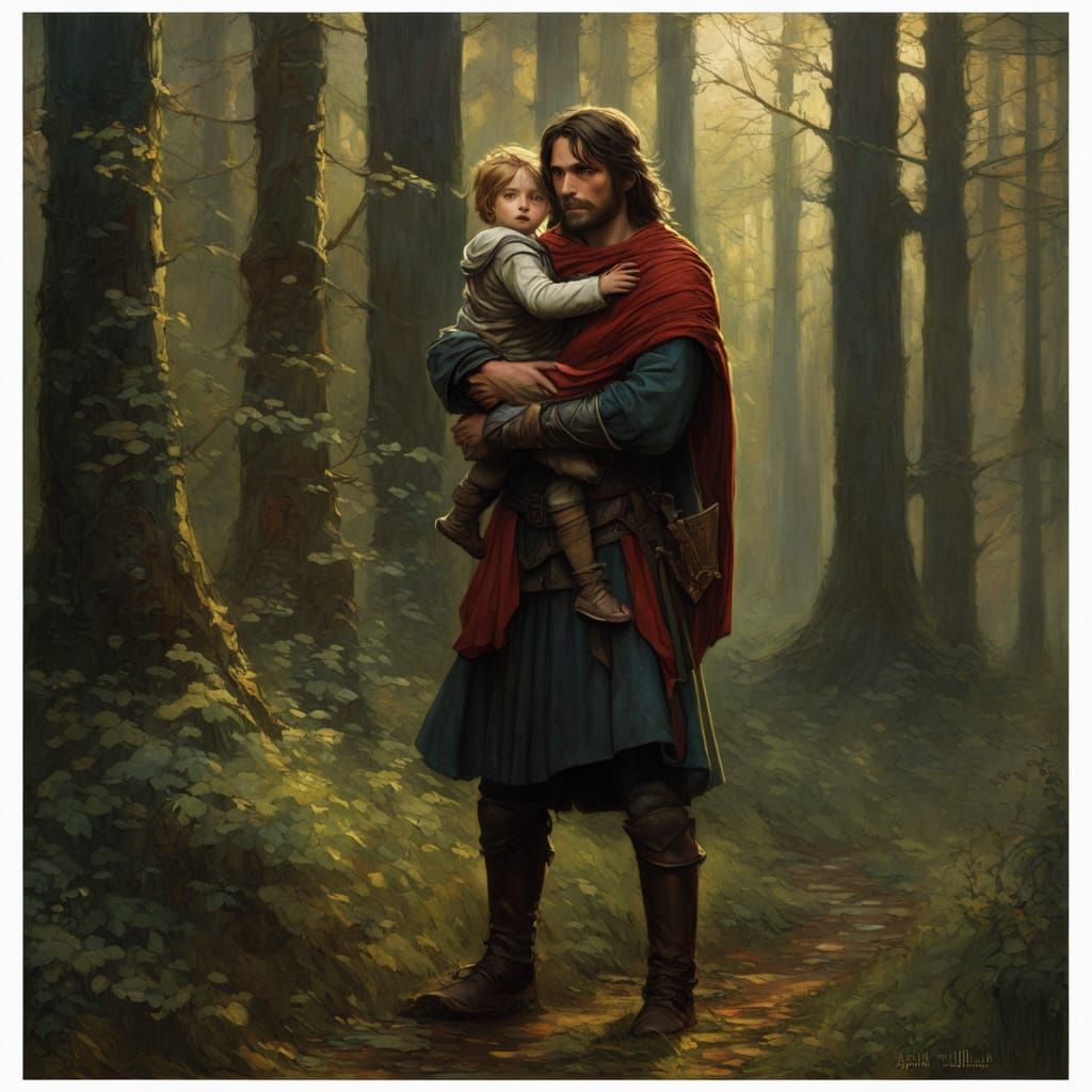 Medieval Man Guides Young Apprentice in Dark Forest
