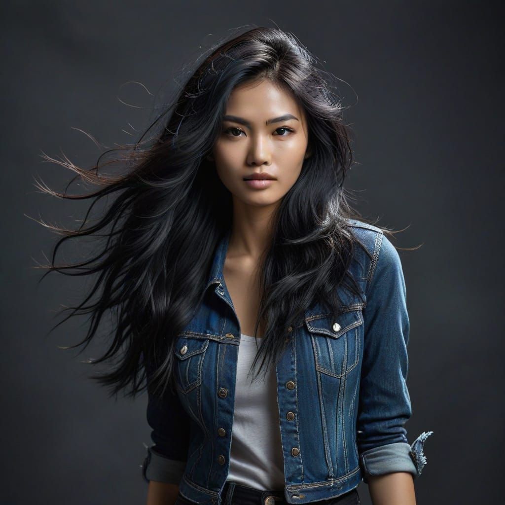 Rebellious Young Woman in Midnight Hair, Denim, and Leather