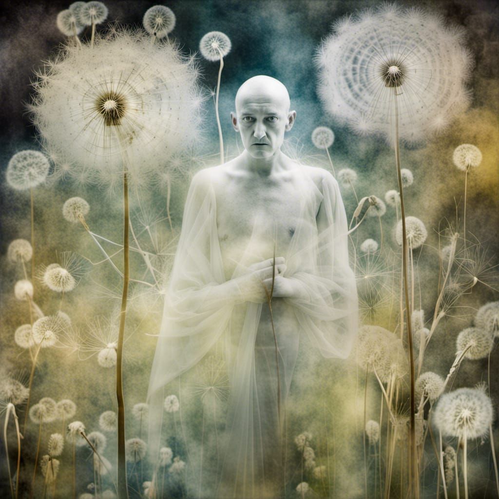 Dreamlike Fey Man in Dandelion Field