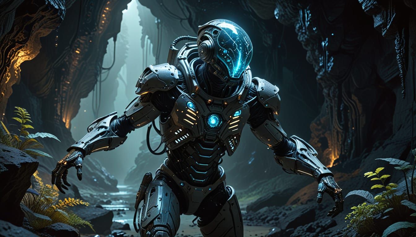 Biomechanical Astronaut in Crystalline Cave Concept Art