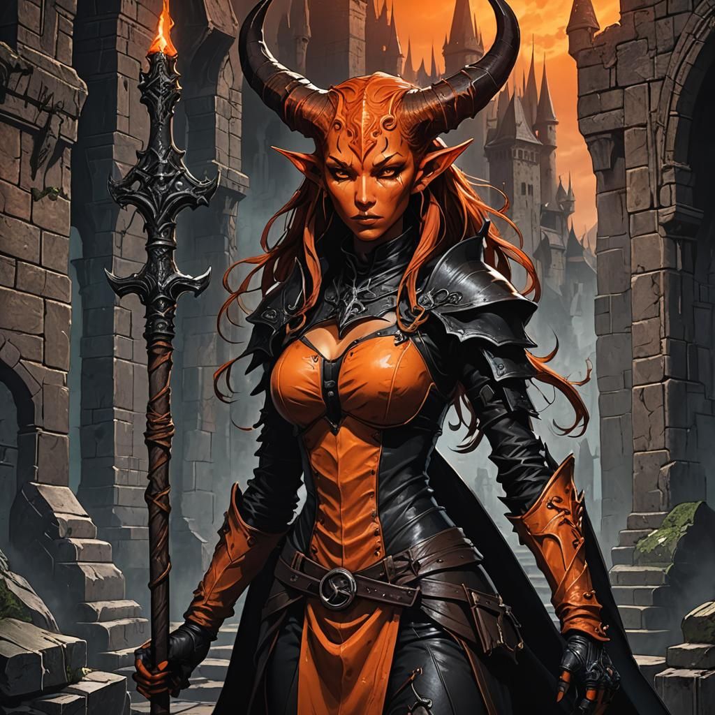 Tiefling Warlock in Dark Fantasy Manga Style