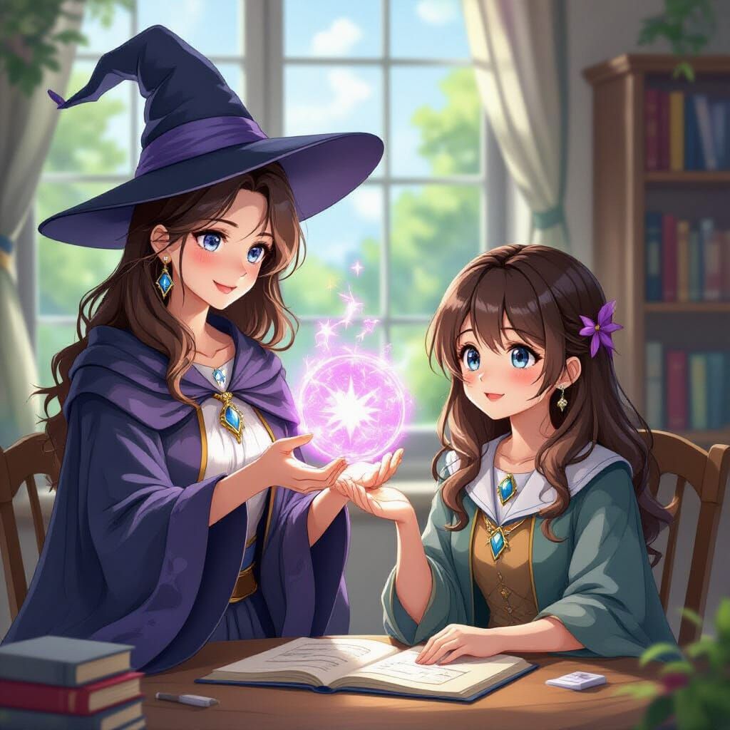 Magical Teacher Guides Student with Spells