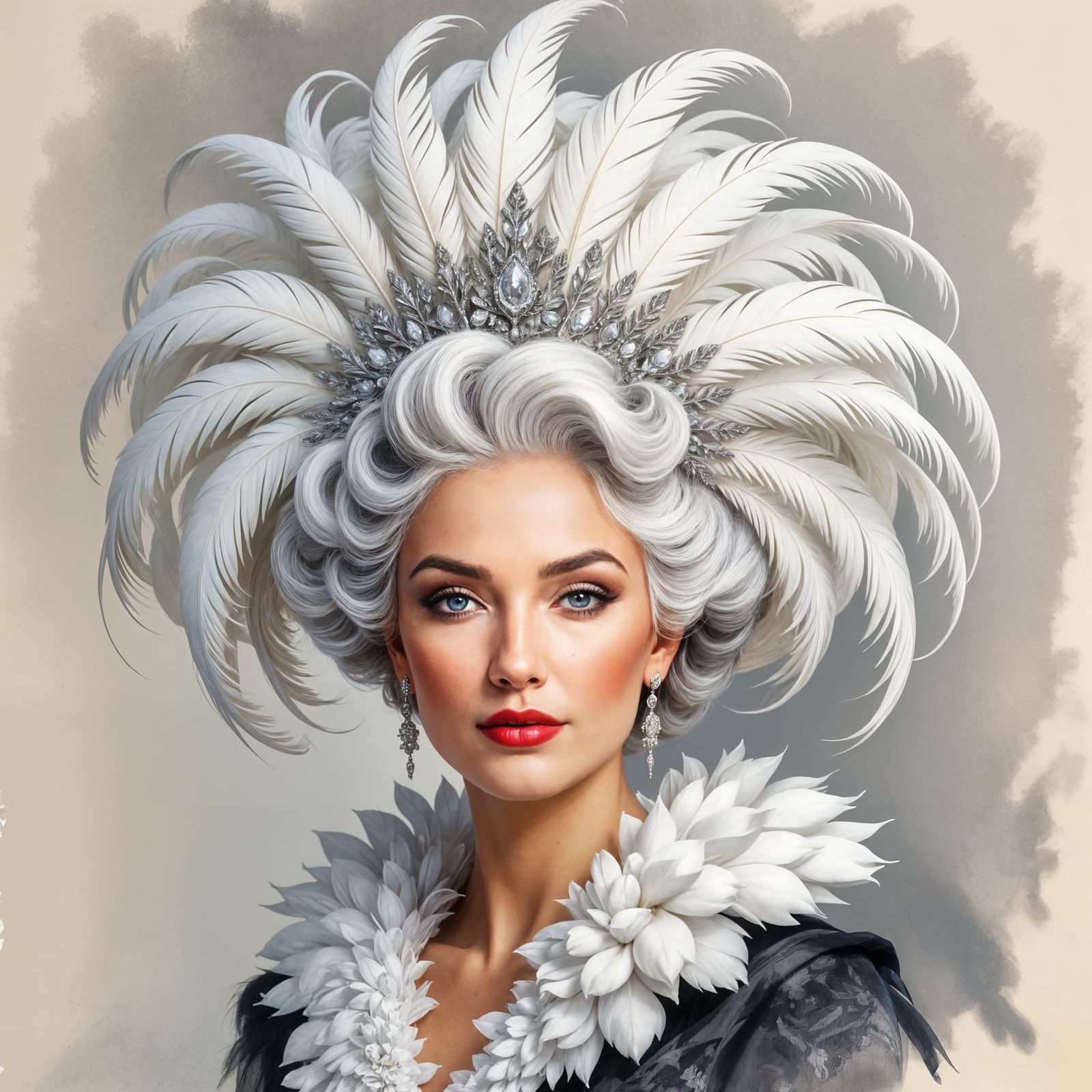 Regal Portrait: Swan Feather Hairstyle in Grisaille