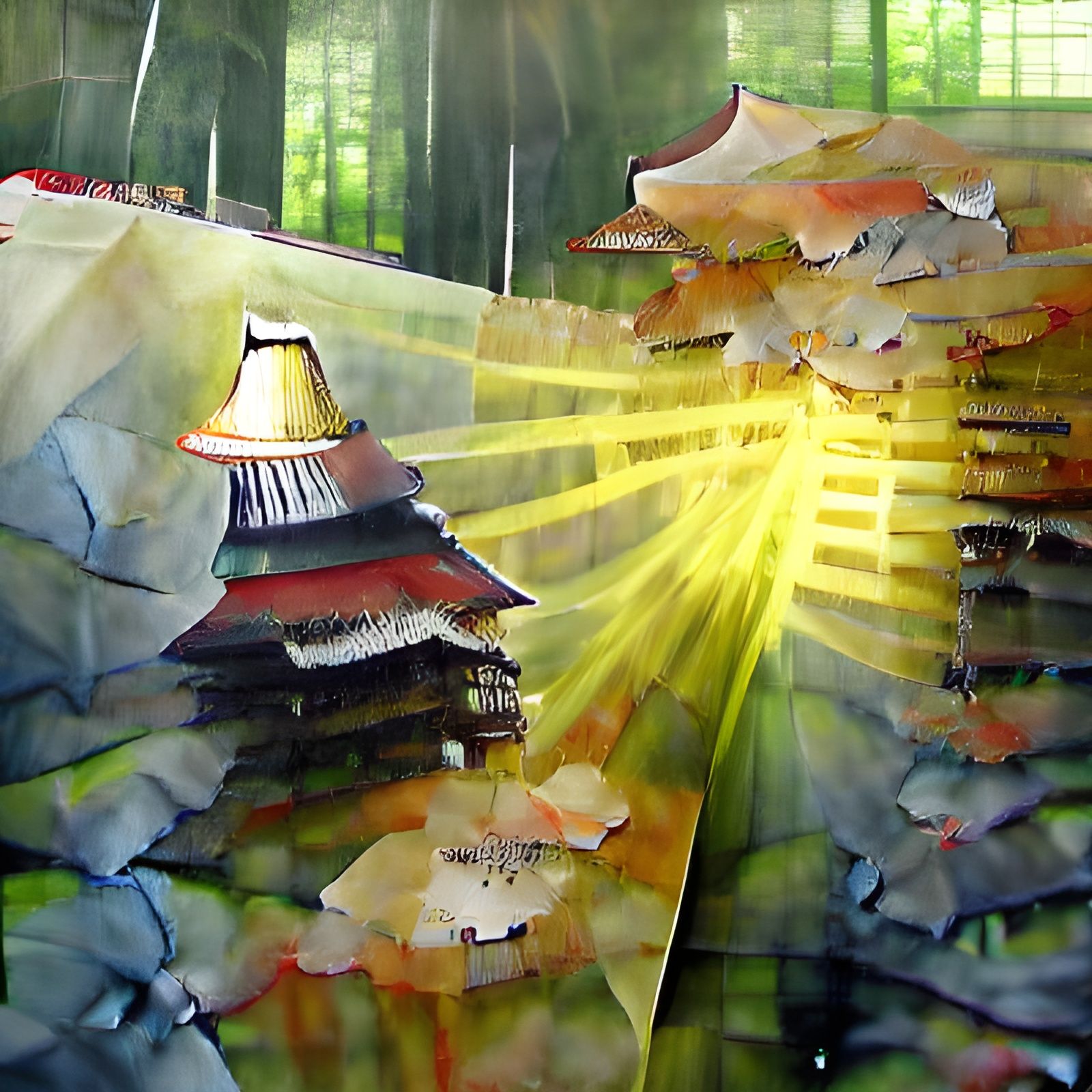 Sunlit Japanese Temple: Detailed Mixed Media Painting