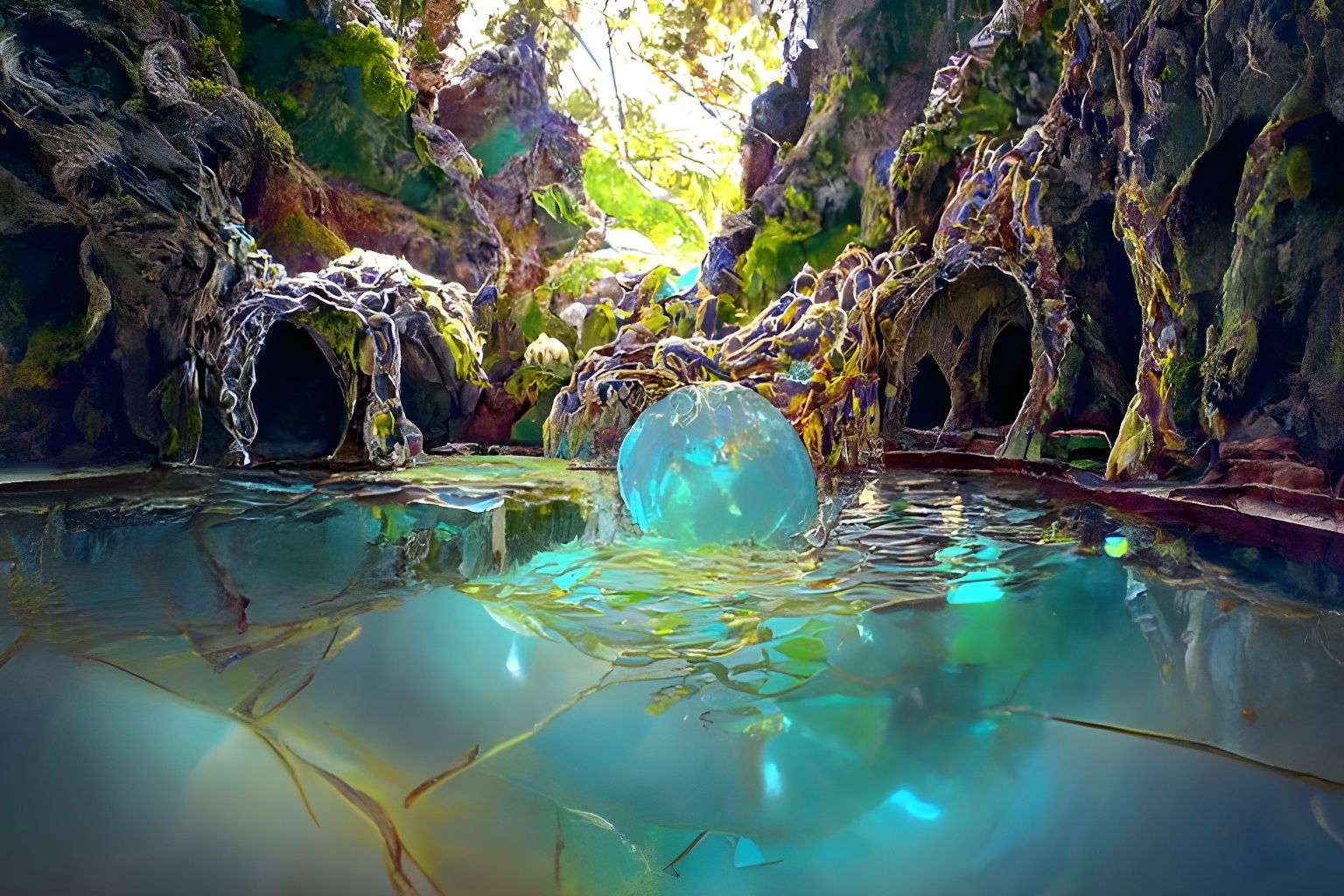 Majestic Cave Pool in Cel-Shaded 3D Style