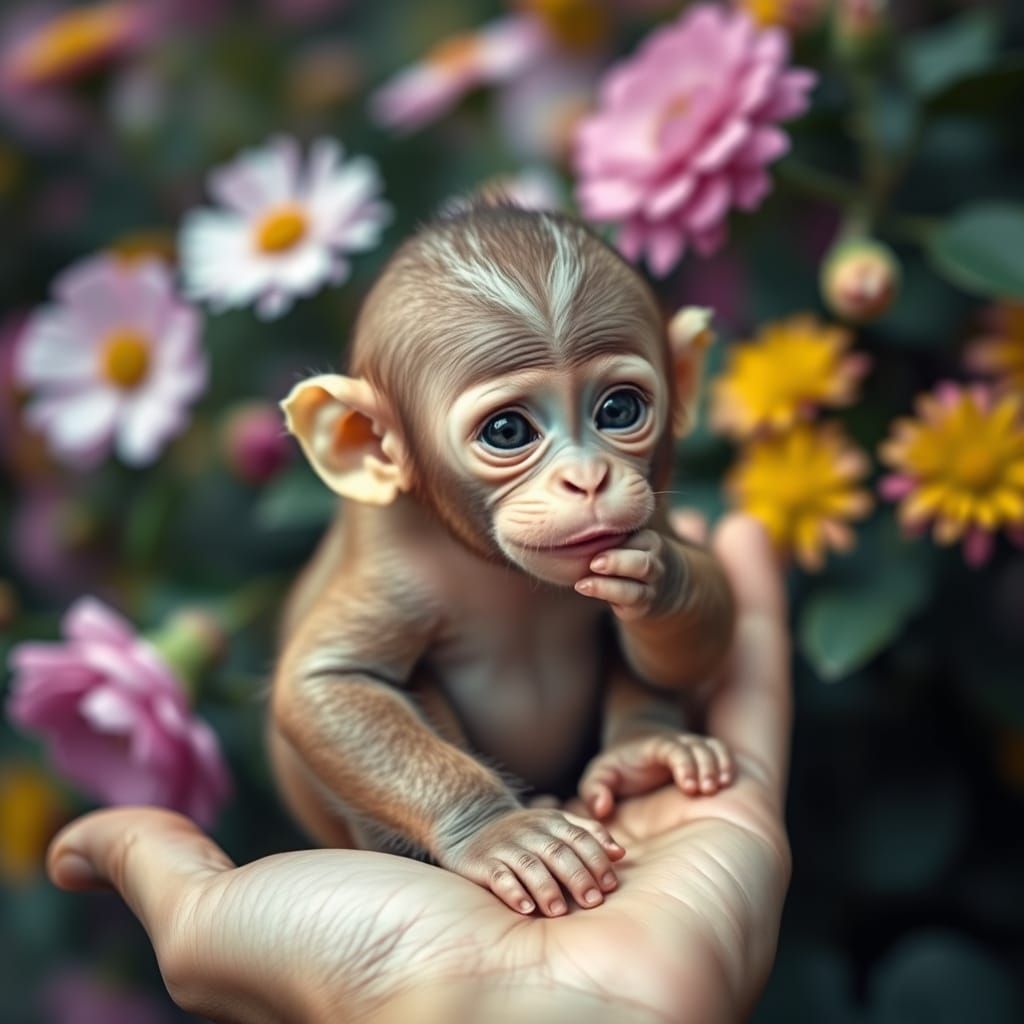 Cute Monkey Baby in Hand, Anne Geddes Style