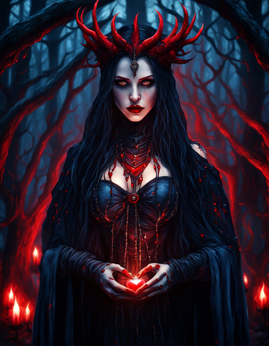 Ethereal Gothic Priestess in Bloody Night Forest
