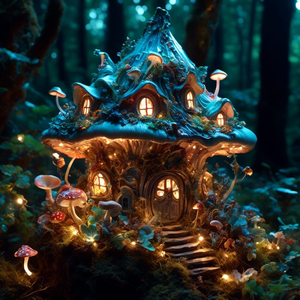 Enchanted Fairy Mushroom House in Bioluminescent Forest