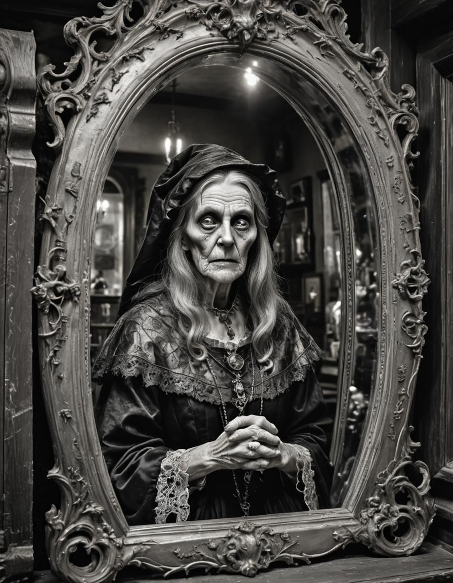 Ghostly Witch Beckons from Antique Mirror in HDR