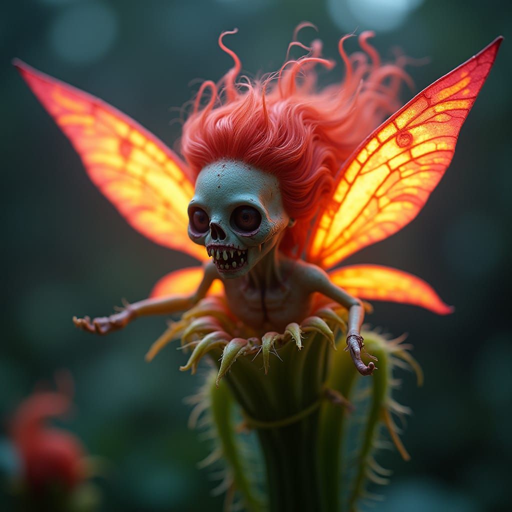 Neon Fairy Dances Over Deadly Carnivorous Flower
