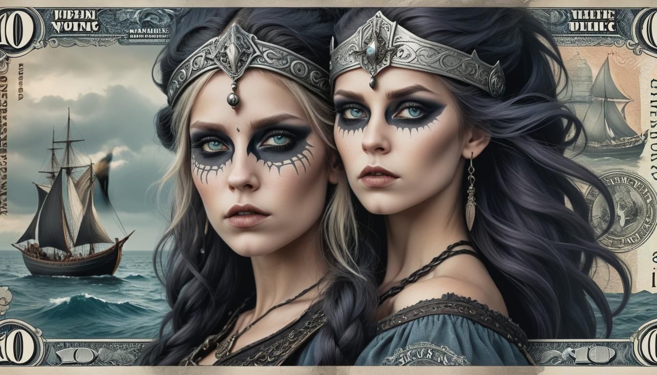 Money banknote having Gothic viking woman at one side, breathtaking, historical, ocean , ships, , perfect iris, perfect...