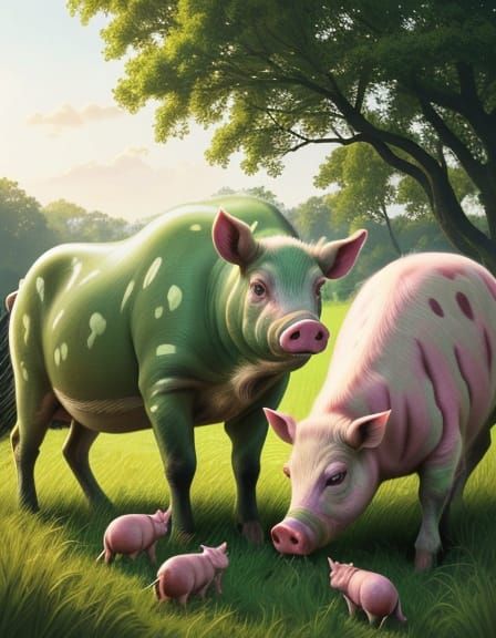 Hyperrealistic Sow and Piglets in Golden Light