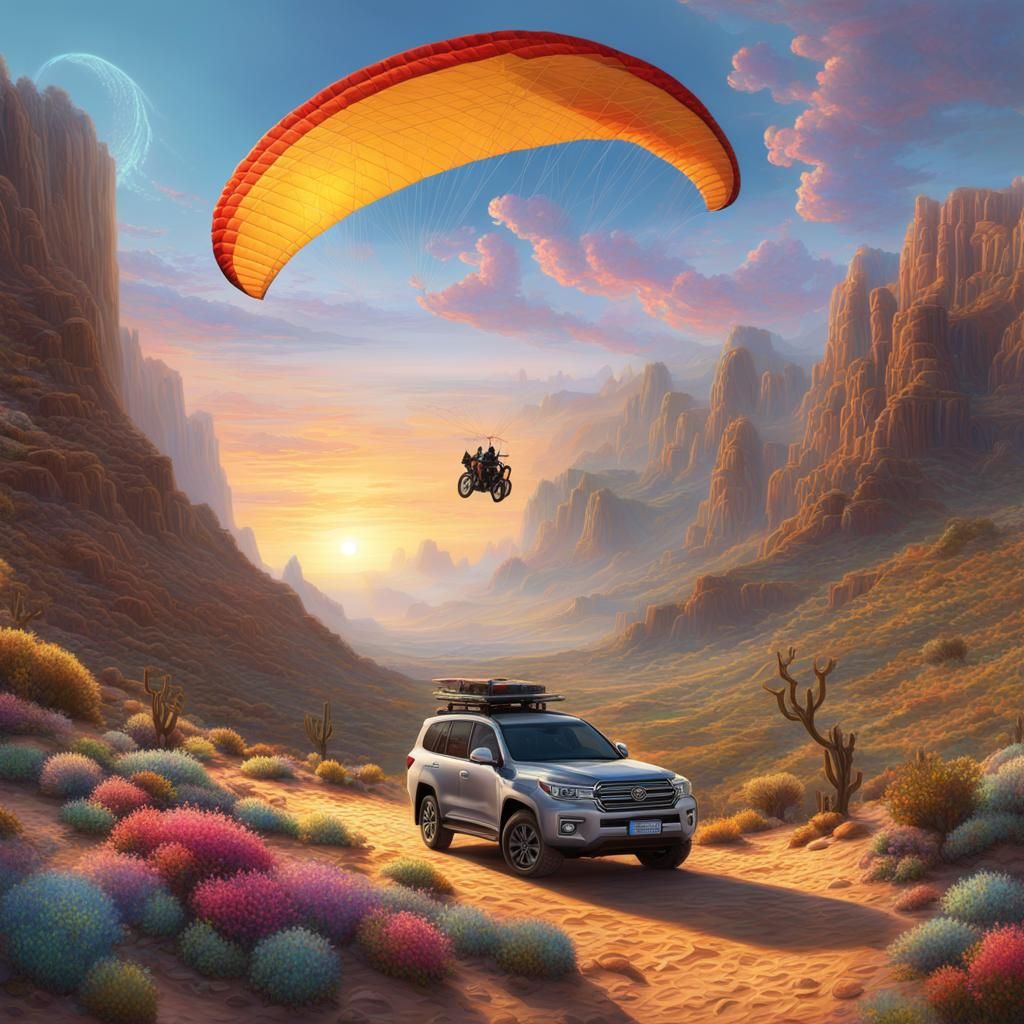 Desert Canyon Sunset: Landcruiser and Paraglider