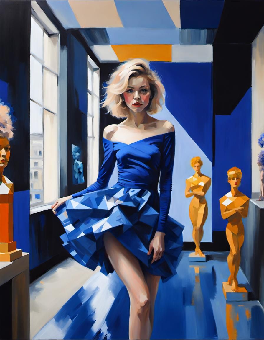 Woman in Blue Dress Among Sculptures: Oil Painting