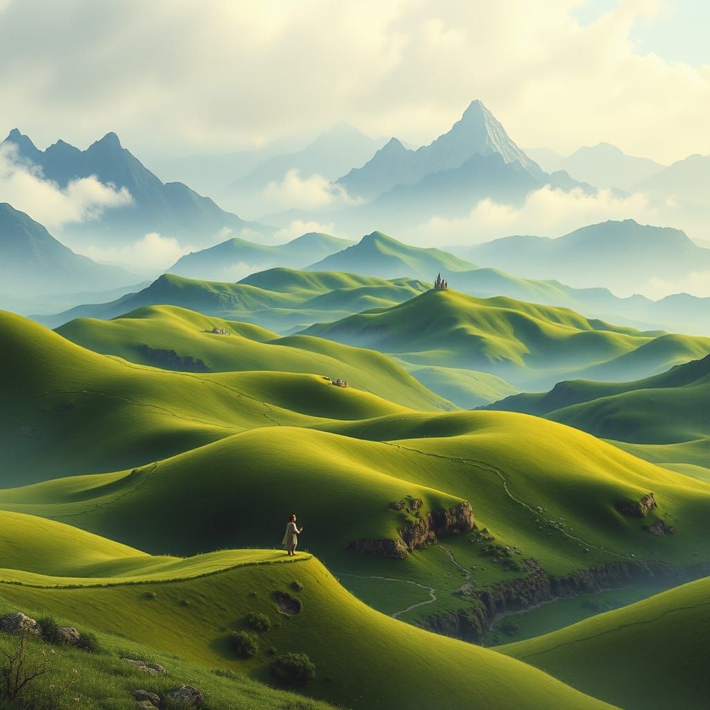 Ethereal Middle-earth Landscape in Whimsical Watercolor Styl...