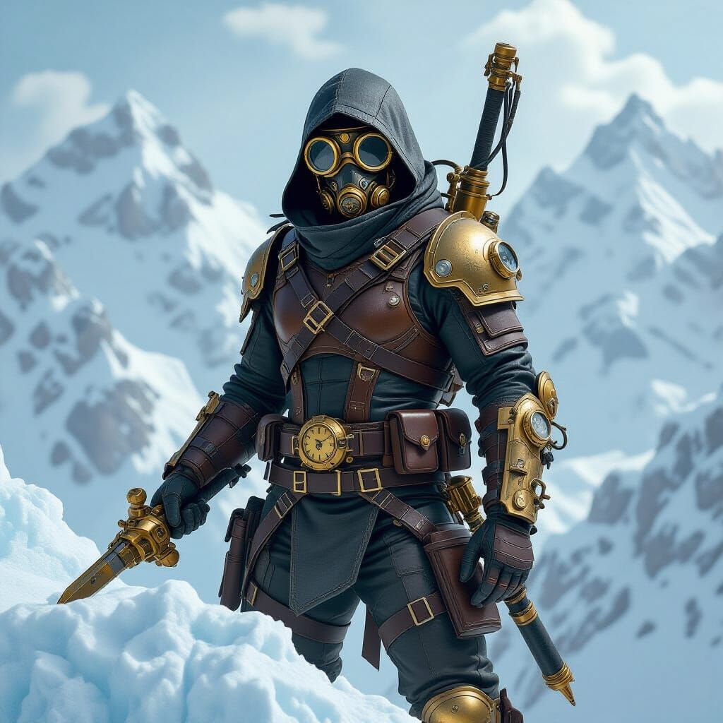 Steampunk Ninja on Ice Mountain in Syd Mead Style