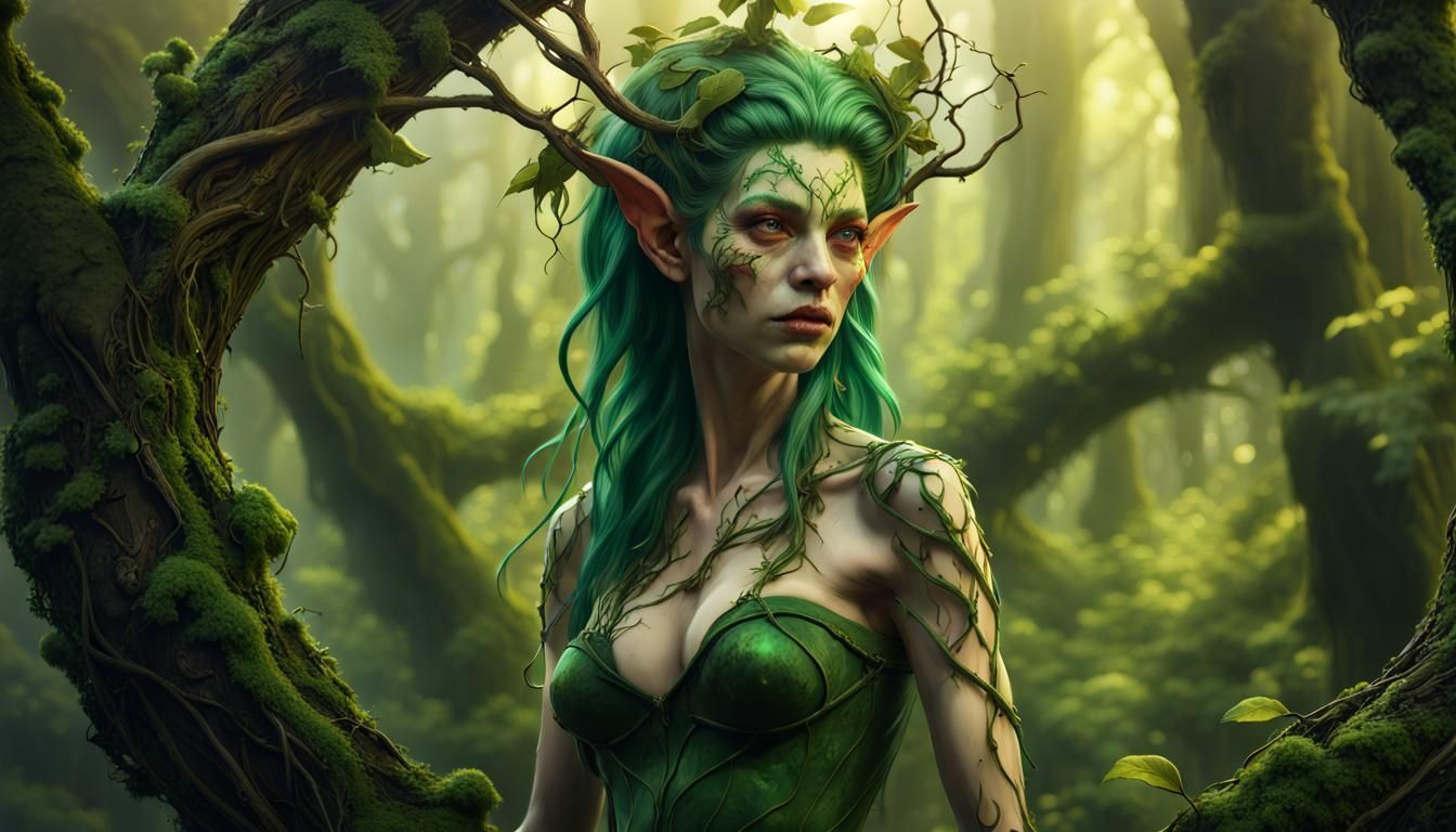 Green-Skinned Wood Elf in Forest, Fantasy Art
