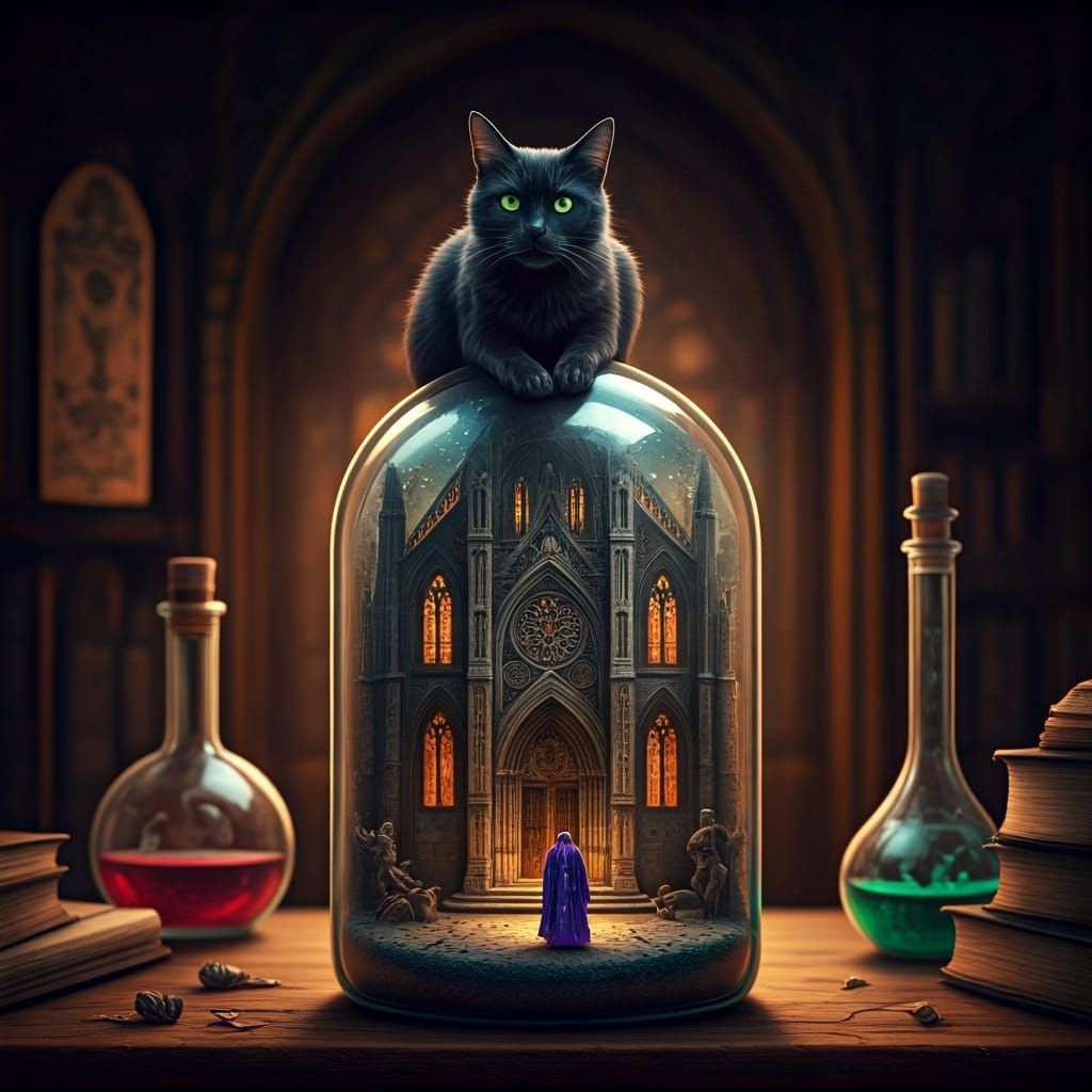 Gothic Cathedral in a Bottle with Wizard and Cat