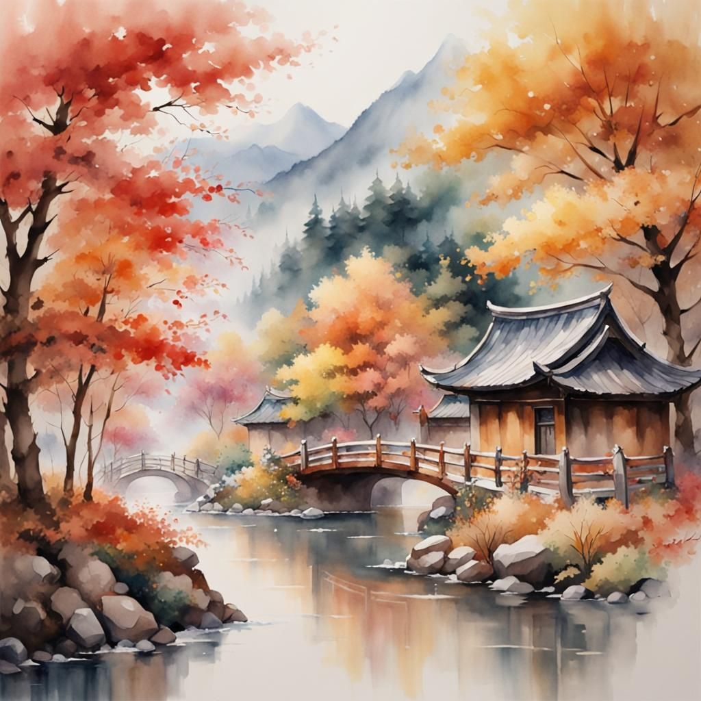Seasonal Panorama in Watercolor Style