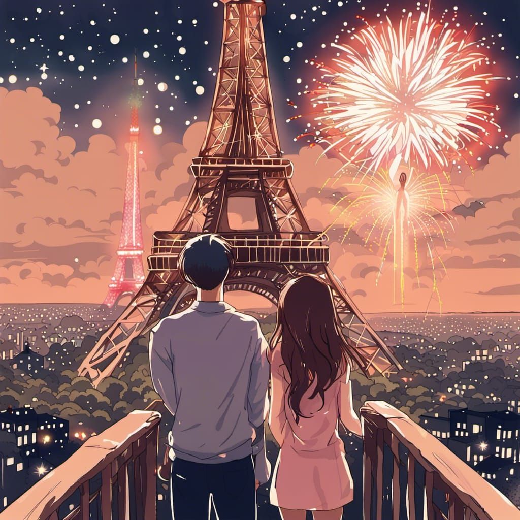 Anime Style Sketch: Couple Gazing at Eiffel Tower