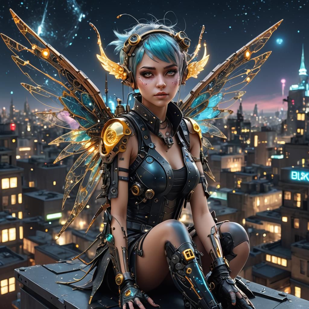 Cyberpunk Pixie on Futuristic Rooftop, Digital Art