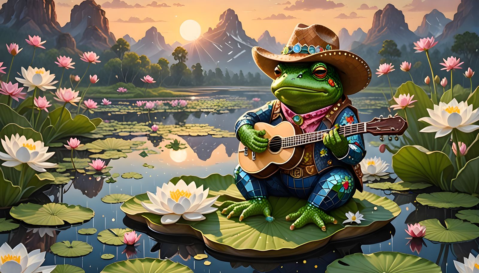 Mosaic Toad Cowboy Strums Banjo in Dawn Light
