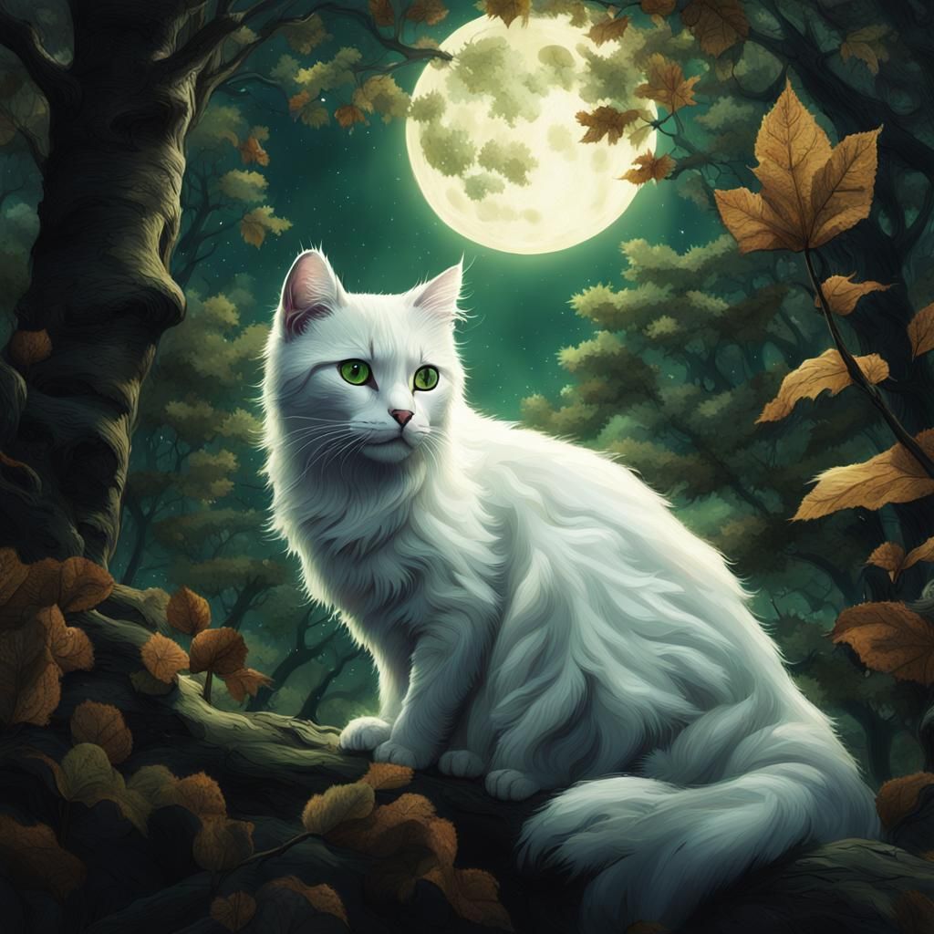 White Cat in Moonlit Forest: Fantasy Art