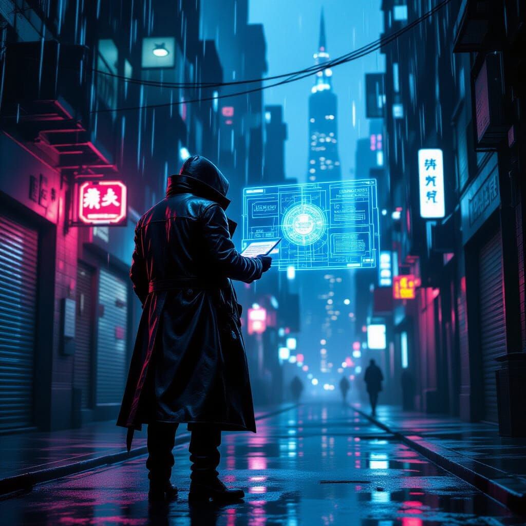 Cyberpunk Detective Hacking Crime Scene in Noir Style