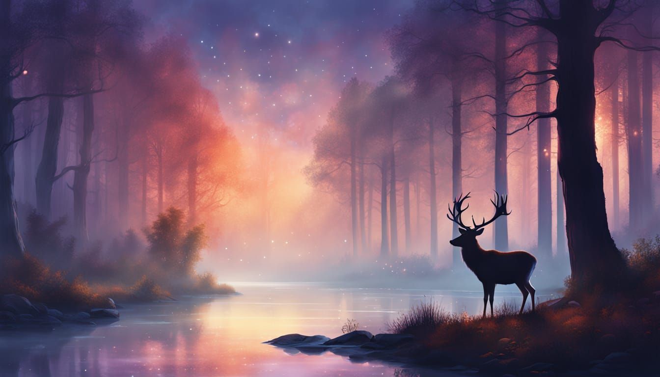 Magical Forest Clearing with Deer at Dusk
