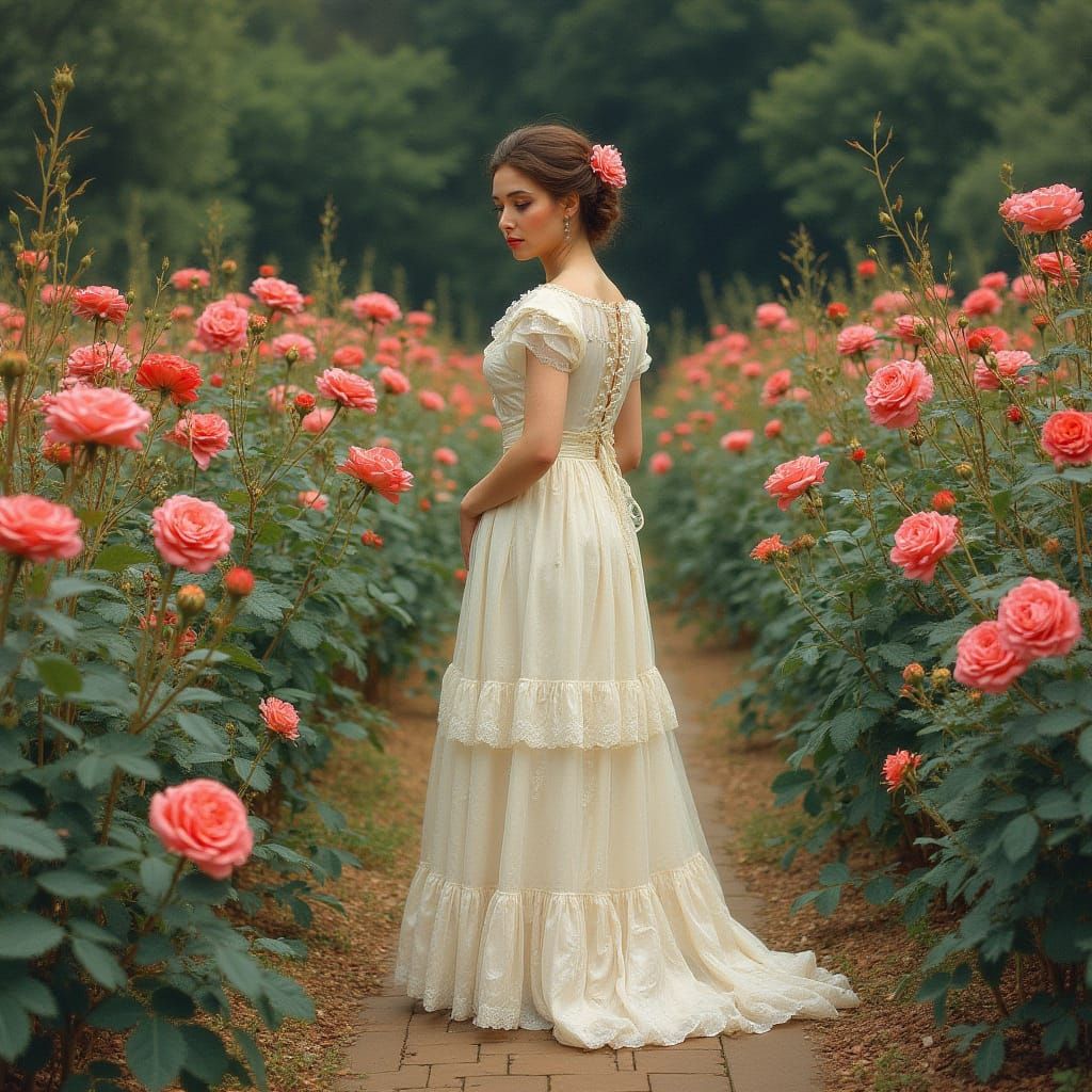 Victorian Woman in Rose Garden, Impressionistic Style