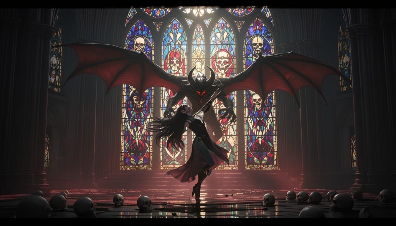 Elf Woman Dances With Demon in Gothic Cathedral
