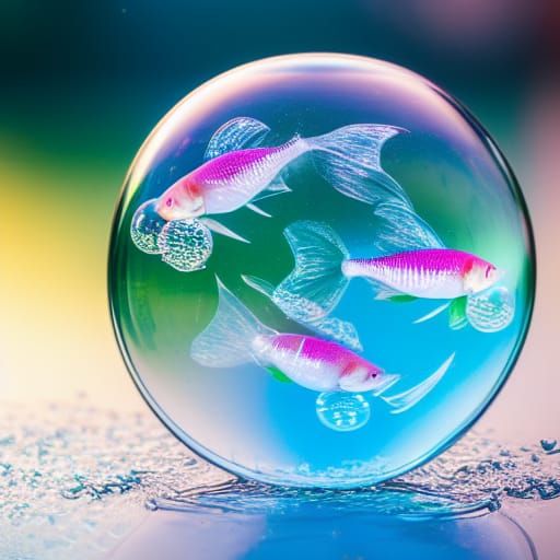 Fish in Floating Soap Bubbles: Hyperrealistic Photo