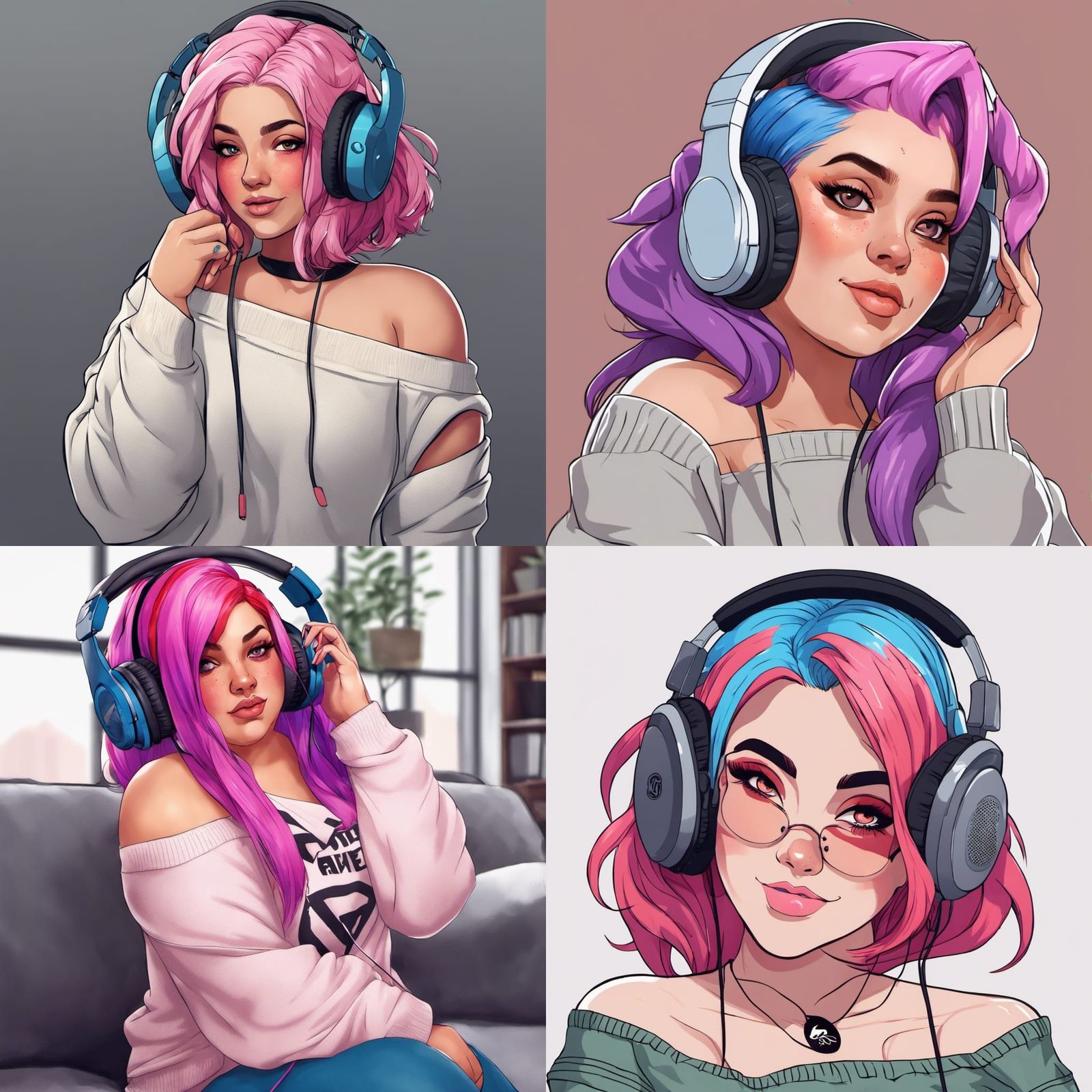 Curvy Gamer Girl with Headphones and Colored Hair