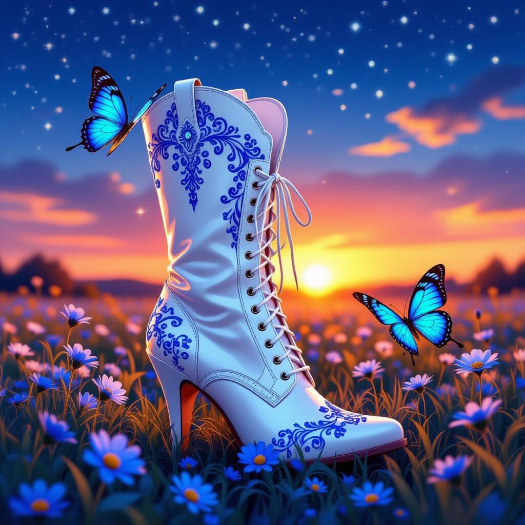 Fantasy Boot with Butterflies in Starry Field