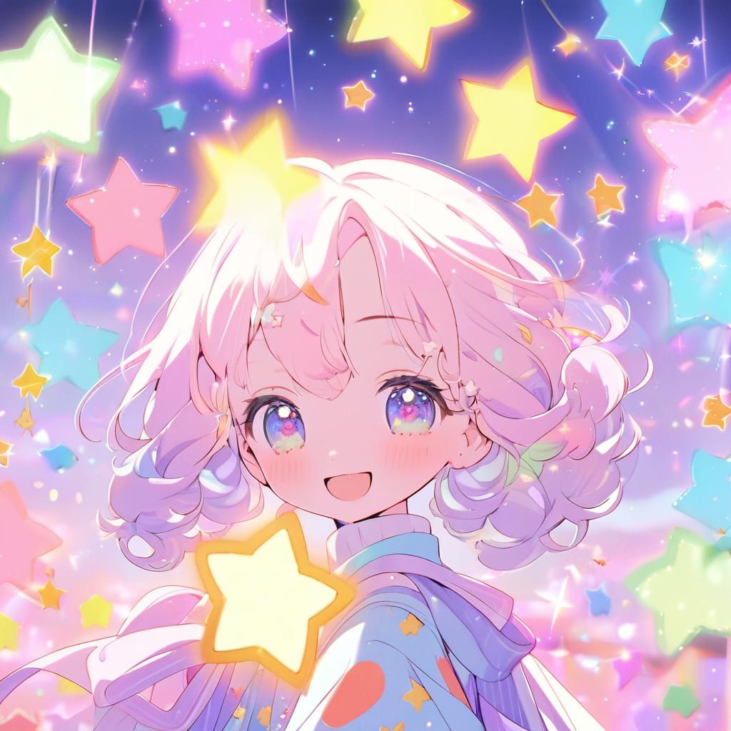 Kawaii Anime Girl Surrounded by Sparkling Stars