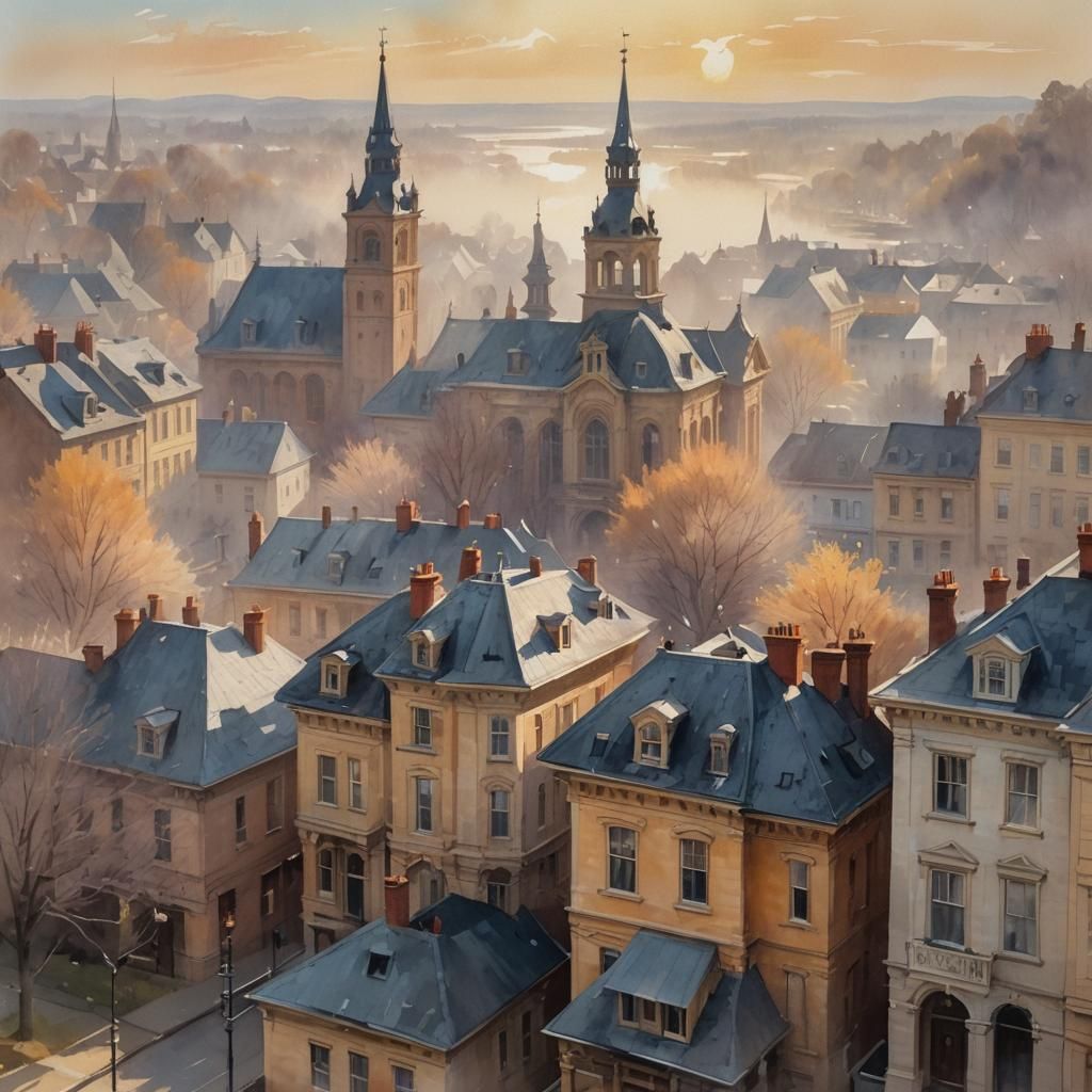 Fog Creeps Into Quiet Town: Gouache Impressionist