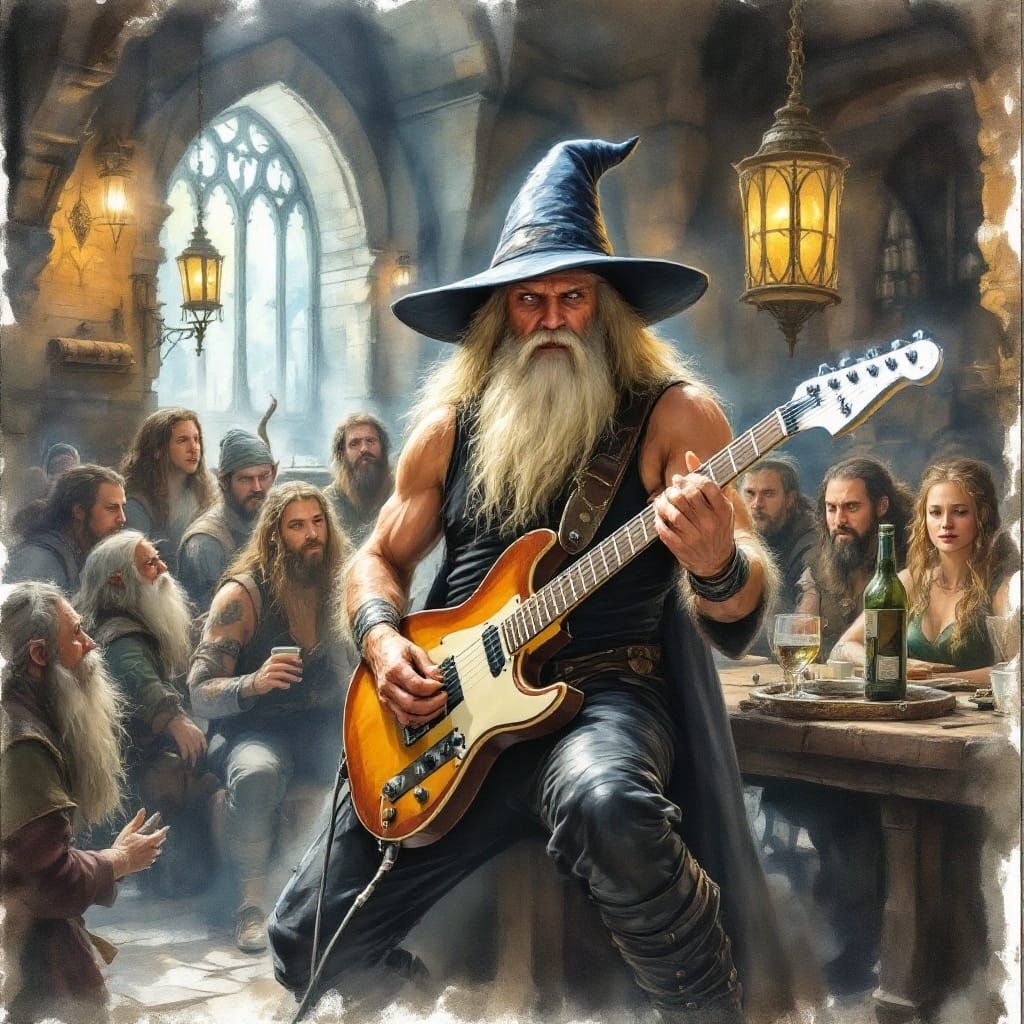 Gandalf Rocks Out in a Whimsical Tavern Scene
