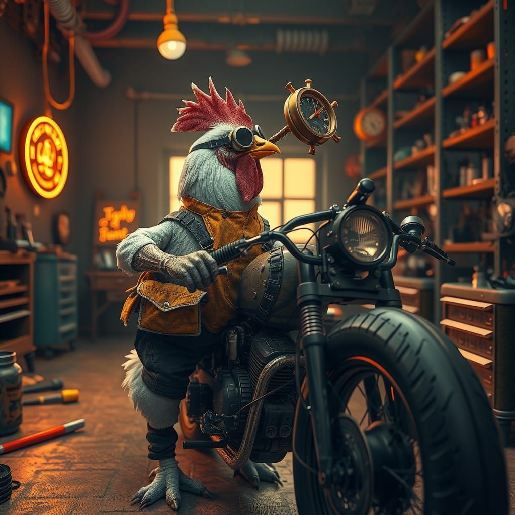 Chicken Mechanic Repairs Steampunk Motorcycle in Fantasy Gar...