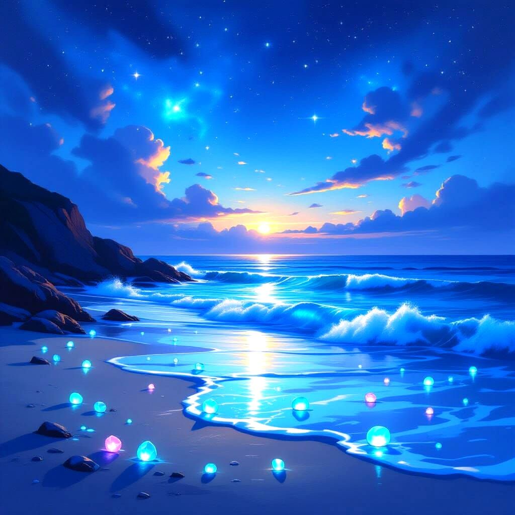 Twilight Ocean Cove with Gemstones and Nebulae Sky