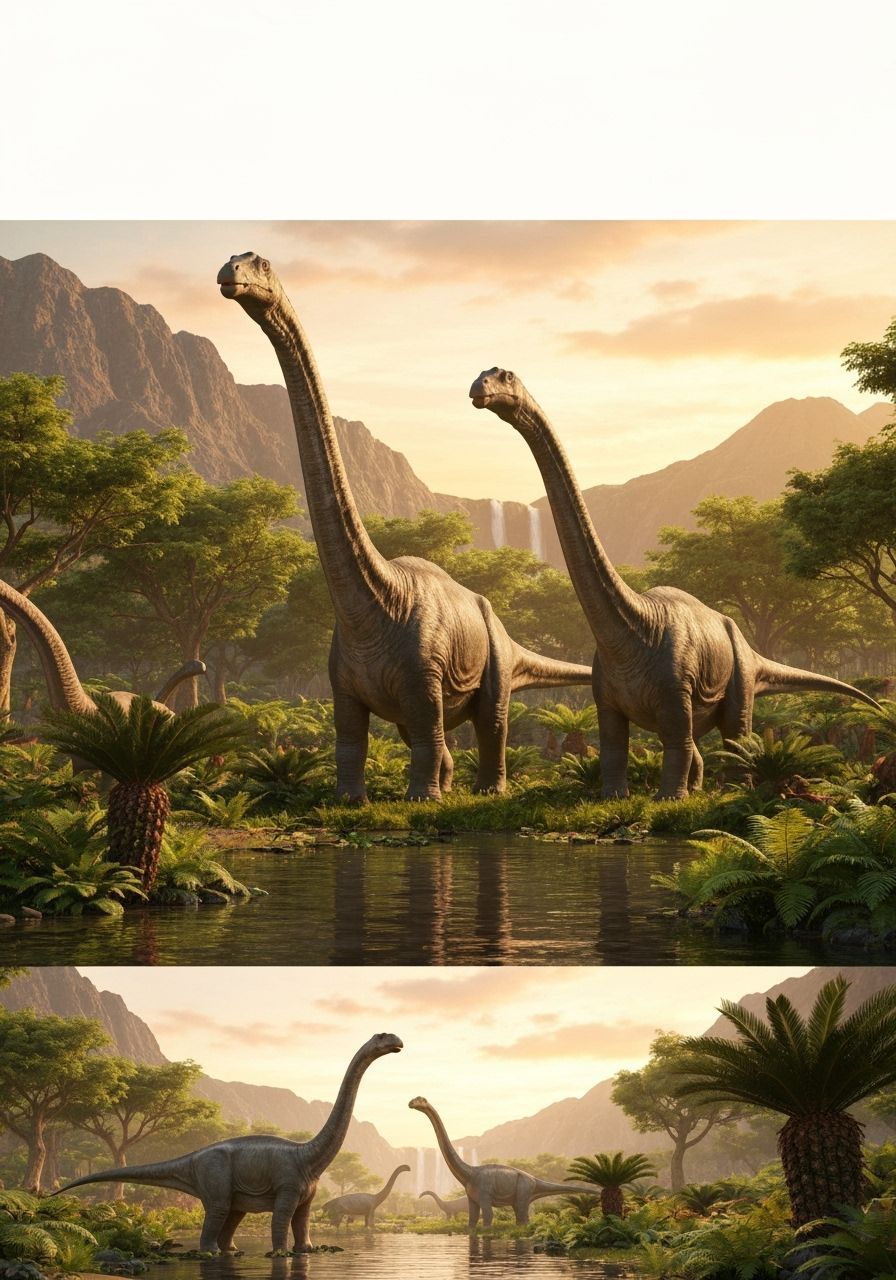 Sauroposeidons Gather at Pond in 3D Cinematic Scene