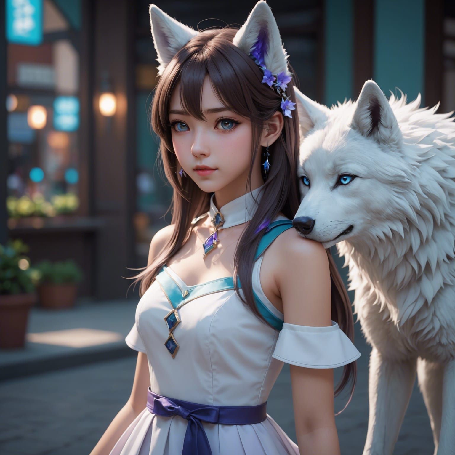 Anime Girl with Wolf Ears in 3D Style