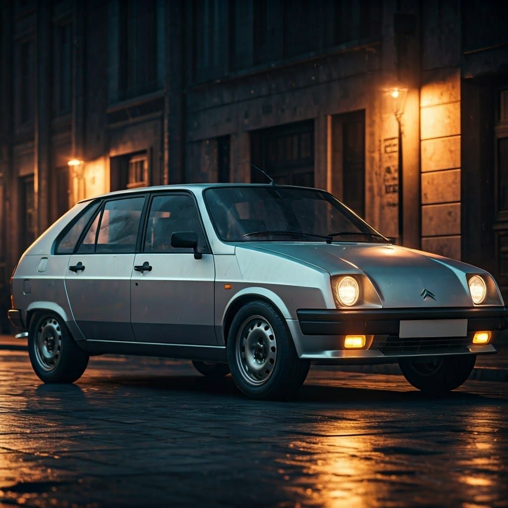 Sleek 2025 Citroën Visa Illuminated on Rainy City Street