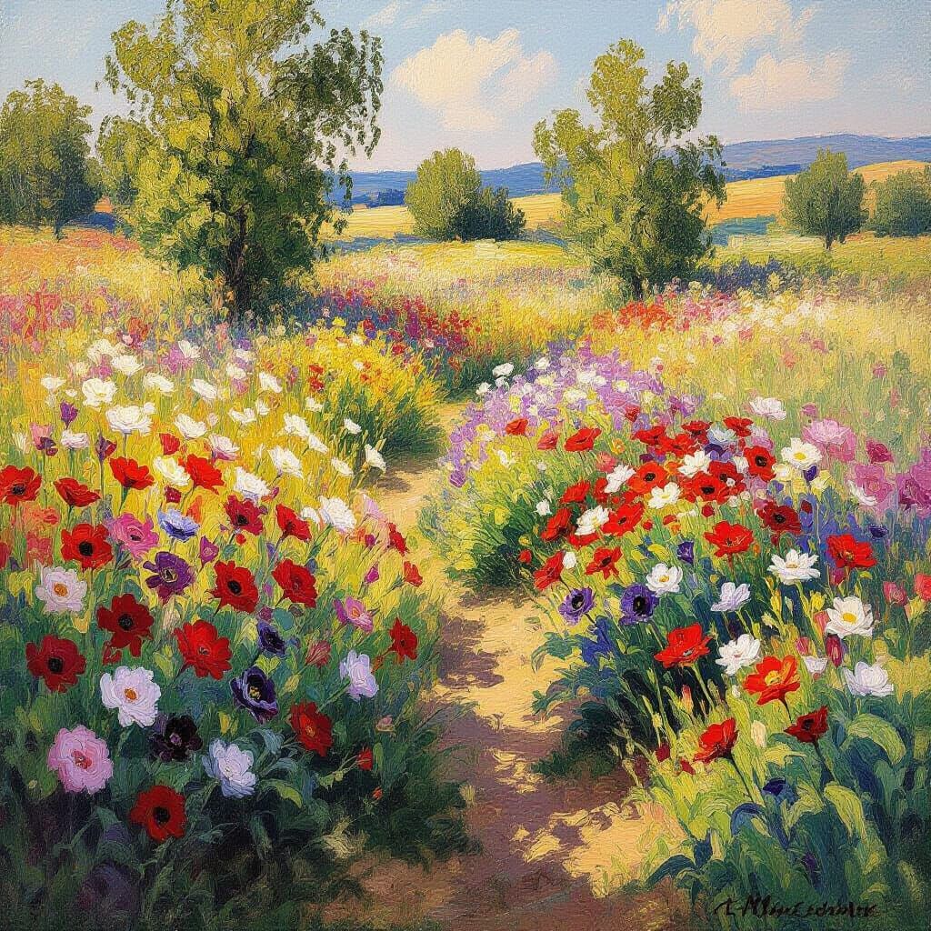 Impressionistic Flower Field in Monet Style