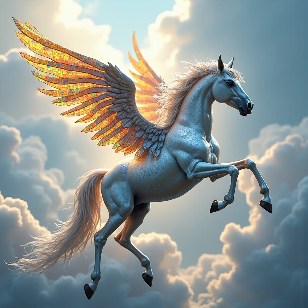 Stained Glass Winged Pegasus in Iridescent Clouds