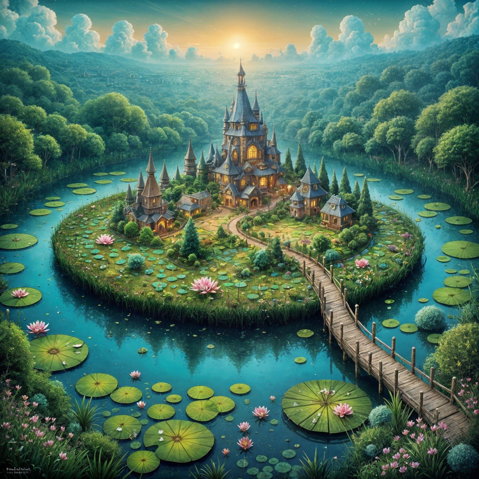Floating Lily Pad City in Dreamy Swamp