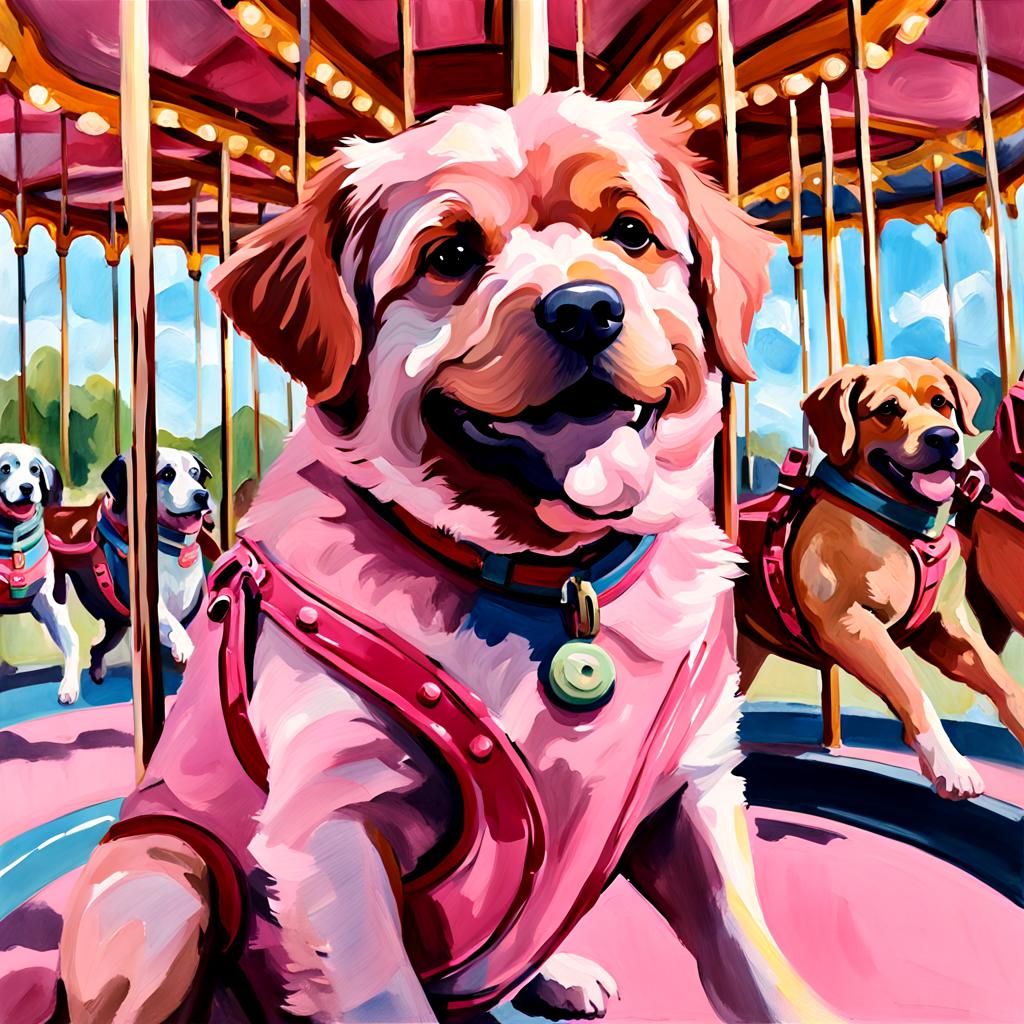 Pink Dog on Carousel in Gouache Style