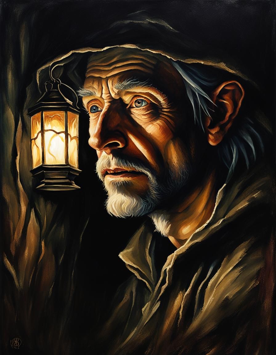 Dark Fantasy Man Illuminated by Lantern Light